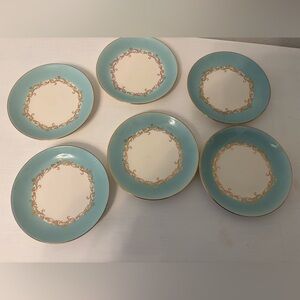 Vintage 1950s 6 Tiffany Blue Bread Butter Plates Gold Crown Lifetime China Co.